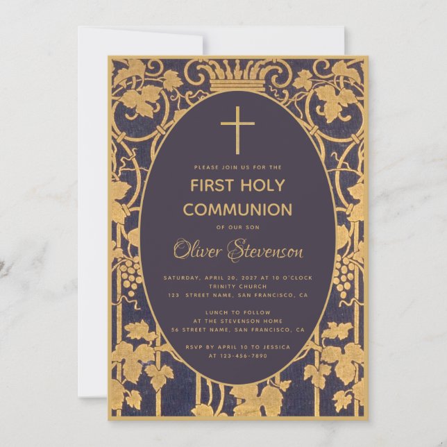 Invitación Boy First Community Blue Elegant Gold Vines Grapes (Anverso)