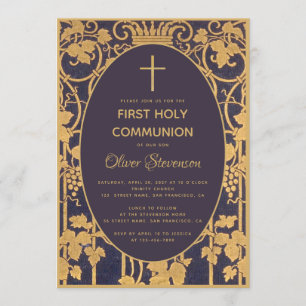 Invitación Boy First Community Blue Elegant Gold Vines Grapes