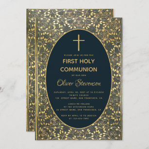 Invitación Boy First Community Elegante cruz de hojas de oro 