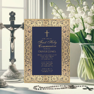 Invitación Boy First Community Floral Gold Frame Blue Elegant