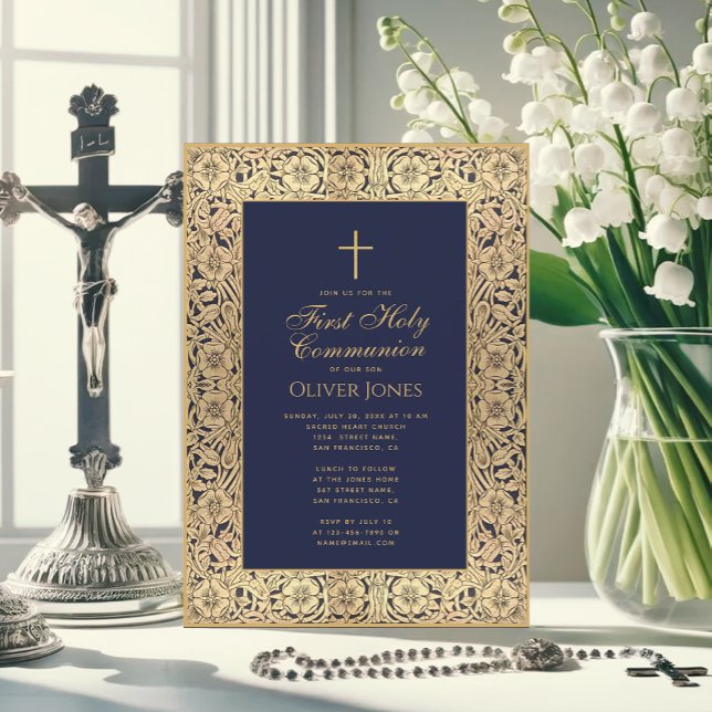 Invitación Boy First Community Floral Gold Frame Blue Elegant (Subido por el creador)