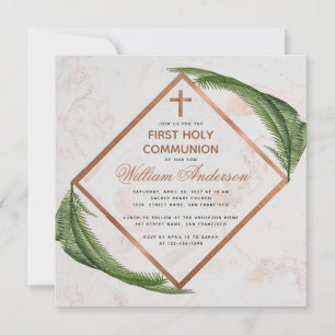 Invitación Boy First Community Greenery Copper Marble Fern