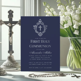 Invitación Boy First Community Navy Blue Vintage Escudo Cross