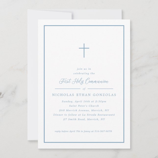 Invitación Boy First Holy Communia Cruz Azul Marco simple (Anverso)