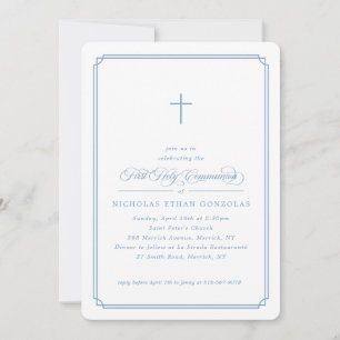 Invitación Boy First Holy Communia Cruz Azul Marco simple