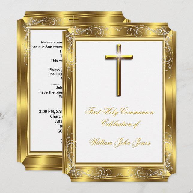 Invitación Boy First Holy Communia Cruz de Oro Blanco 2 (Anverso / Reverso)