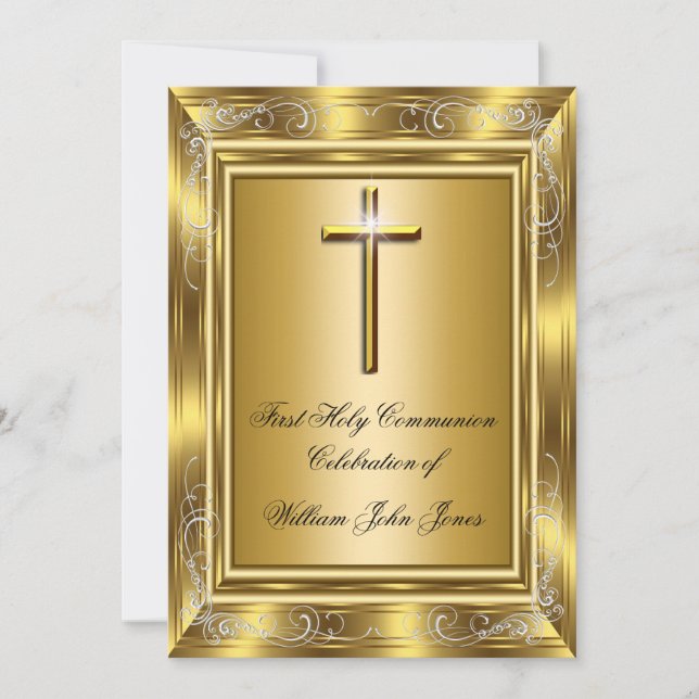Invitación Boy First Holy Communia Gold Cross (Anverso)