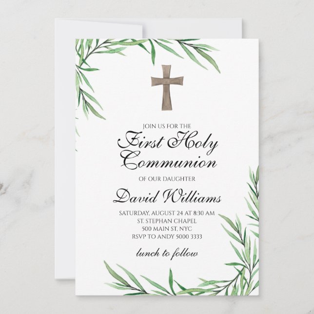 Invitación Boy First Holy Communia Greenery Elegante (Anverso)
