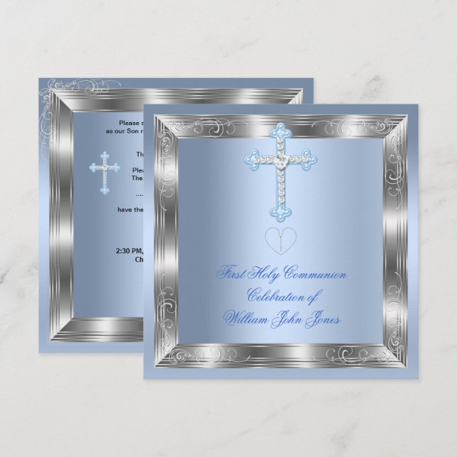 Invitación Boy First Holy Communia Plata Azul 2a (Anverso / Reverso)