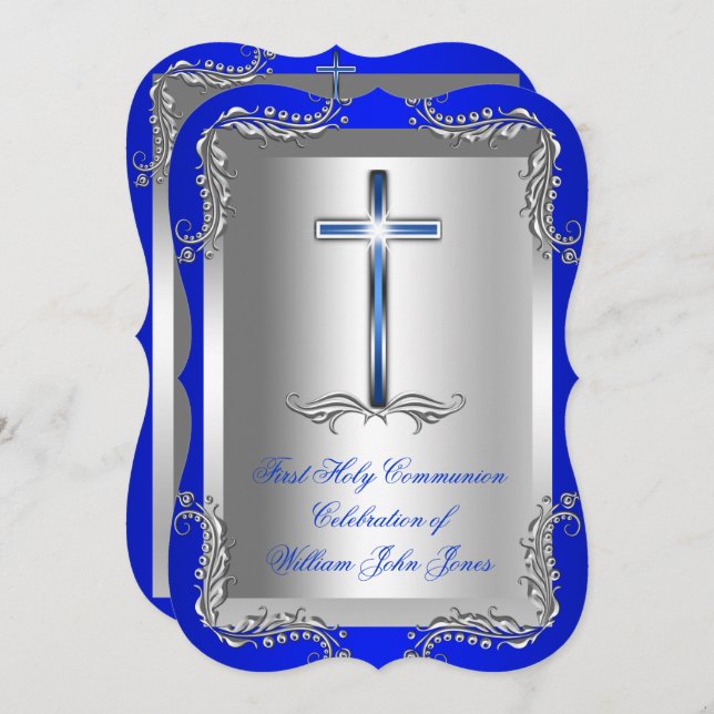 Invitación Boy First Holy Communia Plata Azul Real 2T (Anverso / Reverso)
