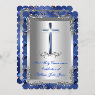 Invitación Boy First Holy Communia Plata Azul Real 2TS
