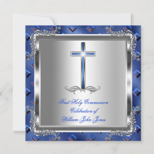 Invitación Boy First Holy Communia Plata Azul Real 3a