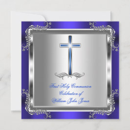 Invitación Boy First Holy Communia Plata Azul Real 3b