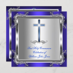 Invitación Boy First Holy Communia Plata Azul Real 3b