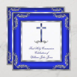 Invitación Boy First Holy Communia Royal Blue Silver Blanco