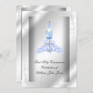 Invitación Boy First Holy Communia Silver Blue Boys