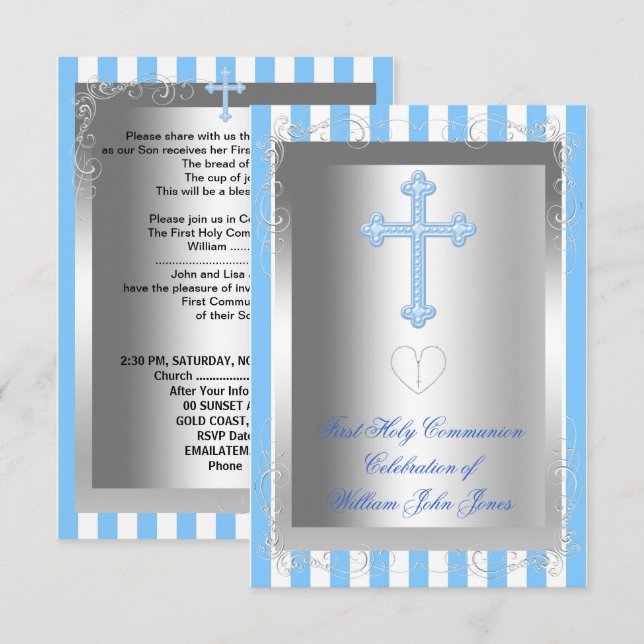 Invitación Boy First Holy Communia Silver Blue Stripe (Anverso / Reverso)