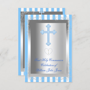 Invitación Boy First Holy Communia Silver Blue Stripe