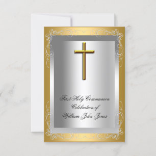 Invitación Boy First Holy Communia Silver Gold Cross