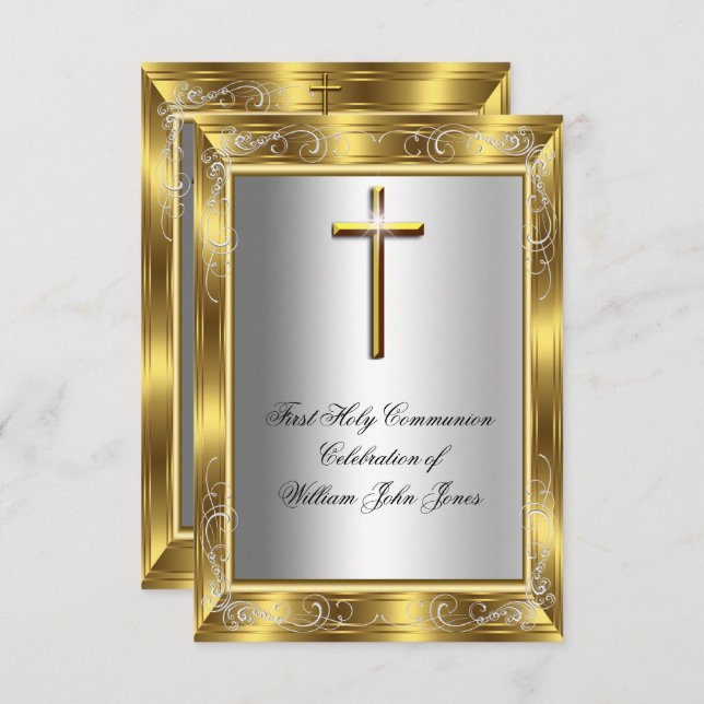Invitación Boy First Holy Communia Silver Gold Cross 2 (Anverso / Reverso)