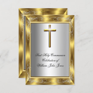 Invitación Boy First Holy Communia Silver Gold Cross 2