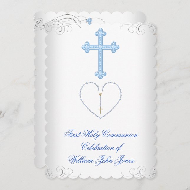 Invitación Boy First Holy Communia White Blue Silver (Anverso / Reverso)