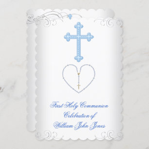 Invitación Boy First Holy Communia White Blue Silver