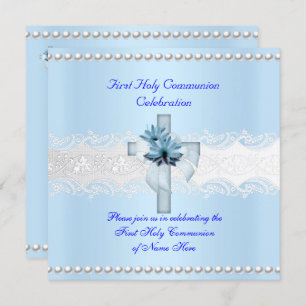 Invitación Boy First Holy Communia White Lace Blue Pearl