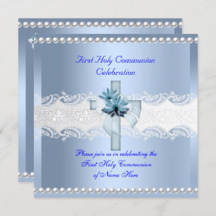 Invitación Boy First Holy Communia White Lace Blue Pearl 2