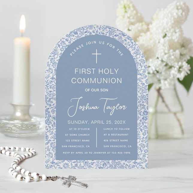Invitación Boy First Holy Communion Blue Arch Floral Pattern (Subido por el creador)