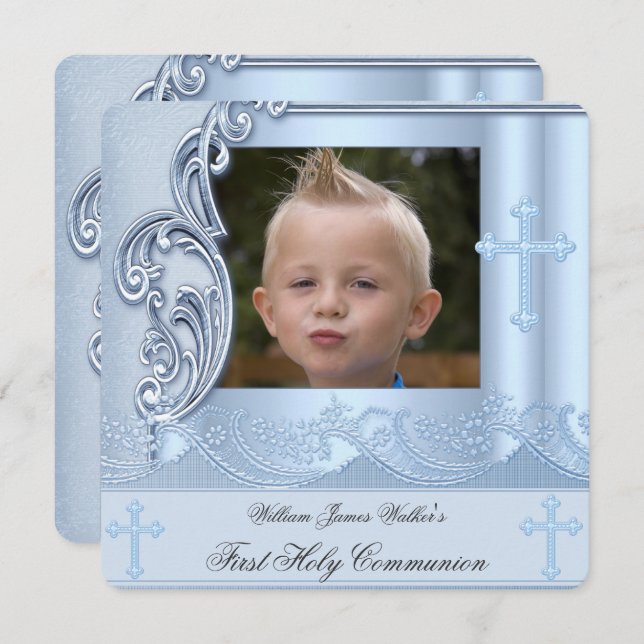 Invitación Boy First Holy Communion Blue Photo Confirmation 2 (Anverso / Reverso)