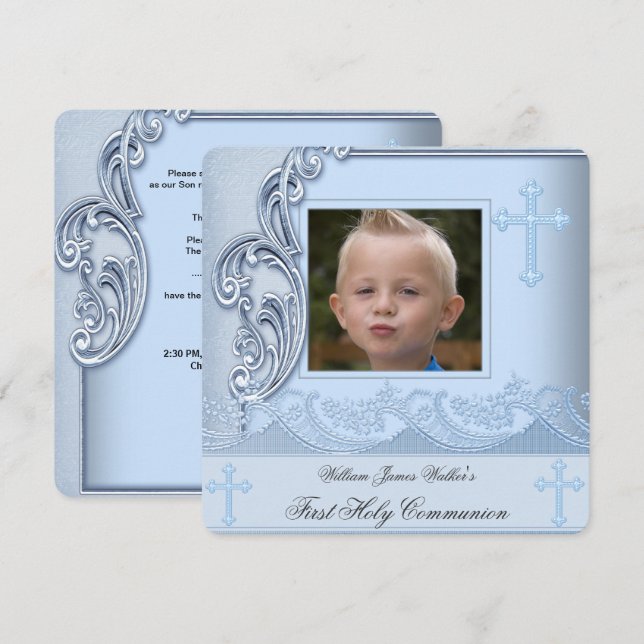 Invitación Boy First Holy Communion Blue Photo Confirmation 3 (Anverso / Reverso)
