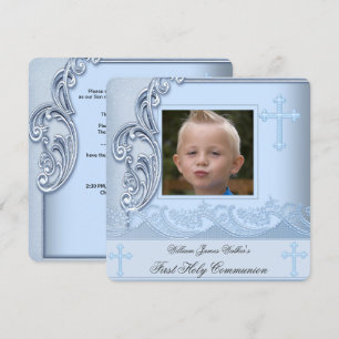 Invitación Boy First Holy Communion Blue Photo Confirmation 3
