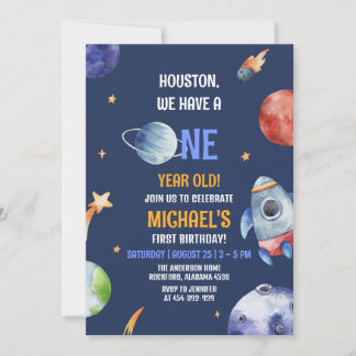 Invitación Boy First Outer Space Planets 1er cumpleaños