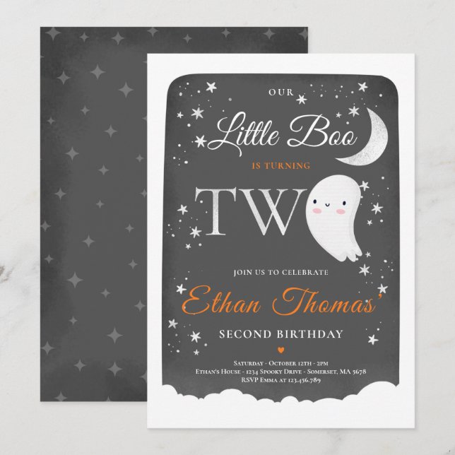 Invitación Boy Ghost Little Boo 2º Fiesta de cumpleaños Hallo (Anverso / Reverso)