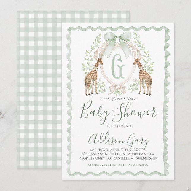 Invitación Boy Giraffe Baby Shower Preppy Sage Green Gingham (Anverso / Reverso)