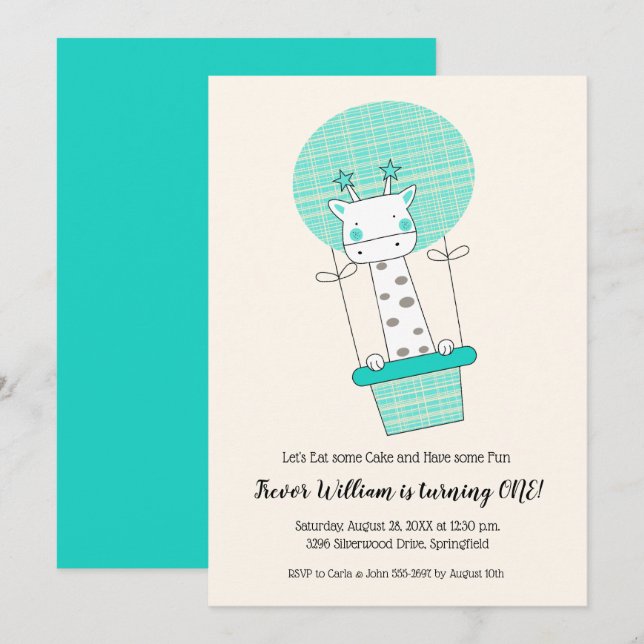 Invitación Boy Giraffe Balón de aire caliente Primera fiesta  (Anverso / Reverso)