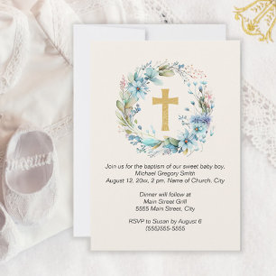 Invitación Boy Gold Cross Azul Floral Bautismo religioso