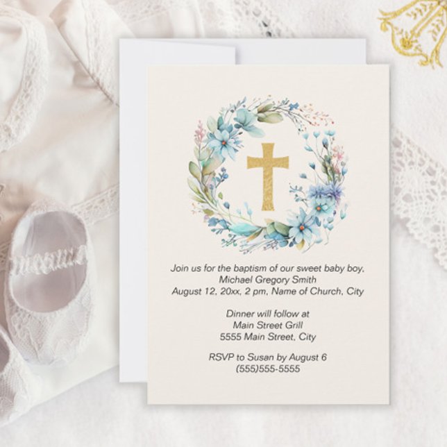Invitación Boy Gold Cross Azul Floral Bautismo religioso (Subido por el creador)