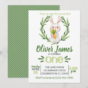 Invitación Boy Green First Birday Easter Watercolor Bunny