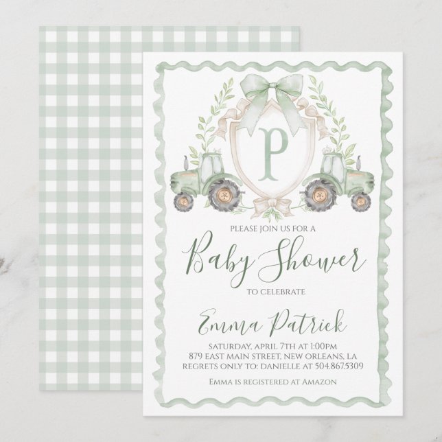 Invitación Boy Green Tractor Baby Shower Preppy Sage Green (Anverso / Reverso)
