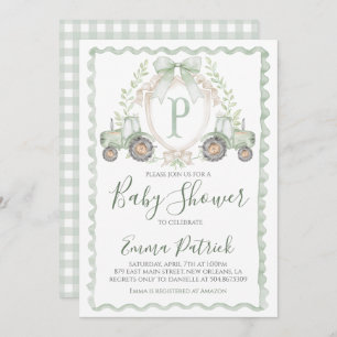 Invitación Boy Green Tractor Baby Shower Preppy Sage Green