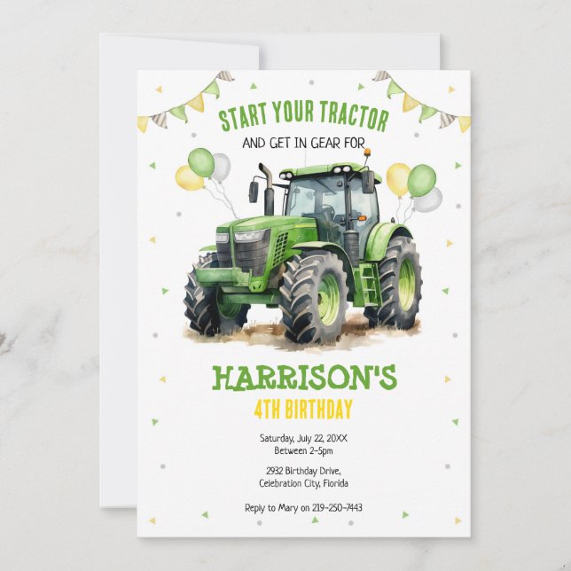 Invitación Boy Green Tractor Farm Birthday Party Invitation (Anverso)