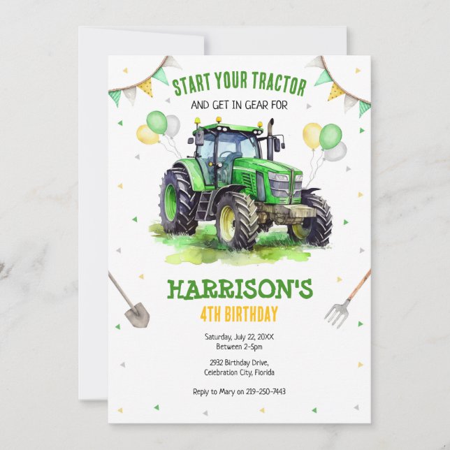 Invitación Boy Green Tractor Farm Birthday Party Invitation (Anverso)