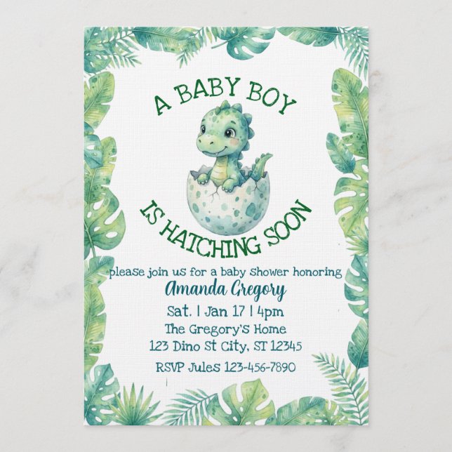 Invitación Boy Hatching Soon, Green Dino Baby Shower (Anverso)