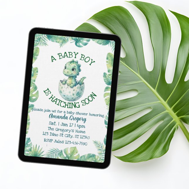 Invitación Boy Hatching Soon, Green Dino Baby Shower (Subido por el creador)