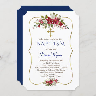Invitación Boy Holiday Navidades Poinsettia Blanco Rojo Bauti