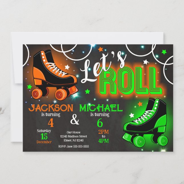 Invitación Boy Joint Roller Skating Birthday Party Neon Glow (Anverso)