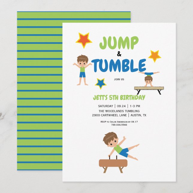 Invitación Boy Jump Tumble Gimnasia Fiesta de Cumpleaños (Anverso / Reverso)