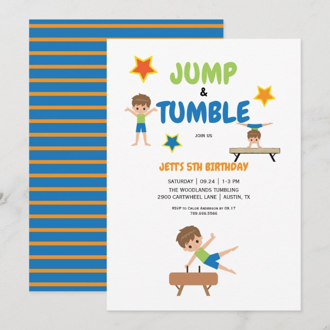 Invitación Boy Jump & Tumble Gymnastics Fiesta de cumpleaños (Anverso / Reverso)